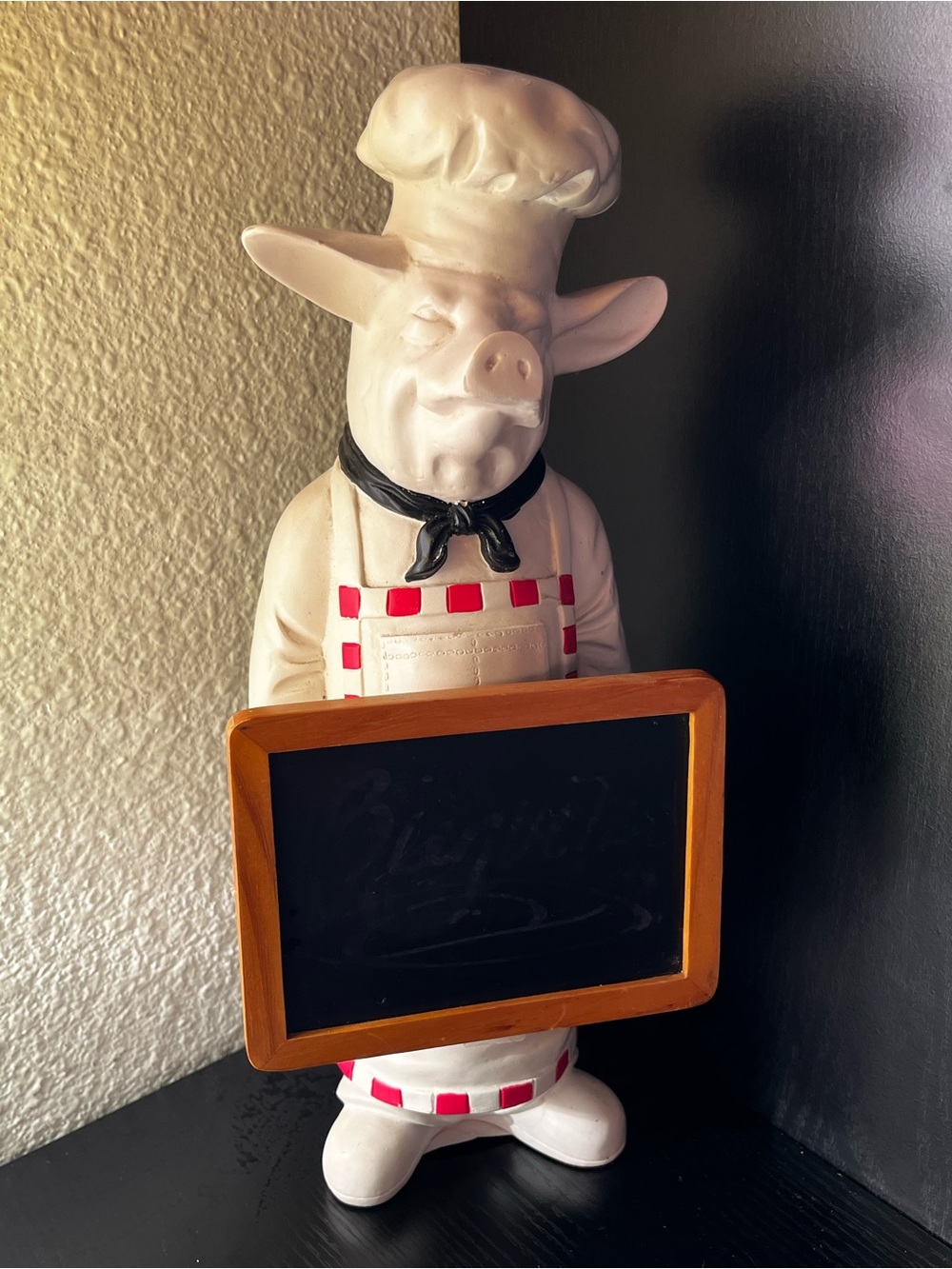 White Ceramic Chef Pig Chalkboard Holder with Red Accents